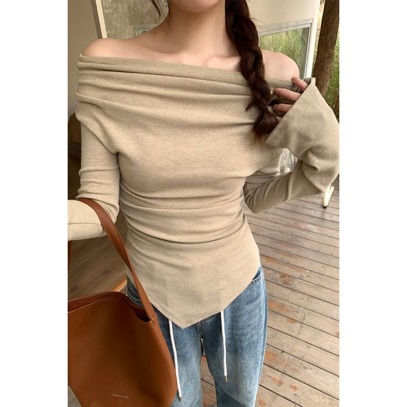 Real photo design niche pleated irregular swing collar long sleeve T-shirt women's spring and autumn 2024 new bottoming shirt - Image 4