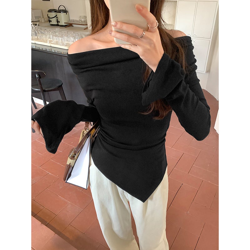 Real photo design niche pleated irregular swing collar long sleeve T-shirt women's spring and autumn 2024 new bottoming shirt - Image 3