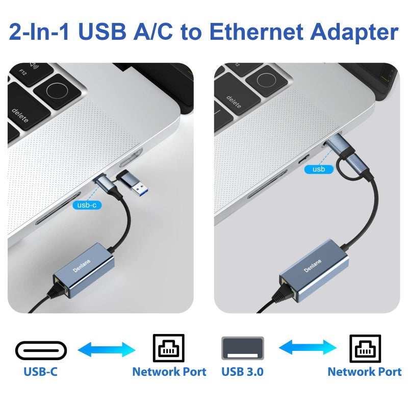 Denlane USB 3.0 to Ethernet Adapter, Ethernet to USB C Adapter 2-in-1, RJ45 Gigabit Network (1000Mbps) Hub Compatible with iPhone 15 16 17/USB-C iPad, MacBook/Pro/Air, Laptop, Windows 11/10/8/7, etc - Image 3