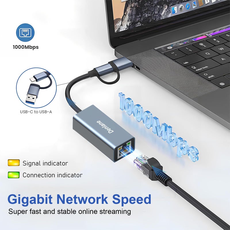 Denlane USB 3.0 to Ethernet Adapter, Ethernet to USB C Adapter 2-in-1, RJ45 Gigabit Network (1000Mbps) Hub Compatible with iPhone 15 16 17/USB-C iPad, MacBook/Pro/Air, Laptop, Windows 11/10/8/7, etc - Image 4