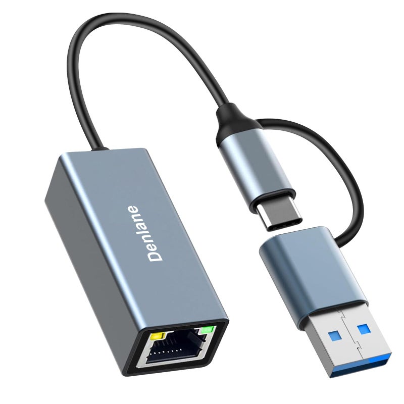 Denlane USB 3.0 to Ethernet Adapter, Ethernet to USB C Adapter 2-in-1, RJ45 Gigabit Network (1000Mbps) Hub Compatible with iPhone 15 16 17/USB-C iPad, MacBook/Pro/Air, Laptop, Windows 11/10/8/7, etc - Image 1