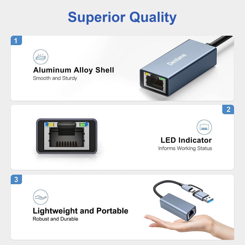 Denlane USB 3.0 to Ethernet Adapter, Ethernet to USB C Adapter 2-in-1, RJ45 Gigabit Network (1000Mbps) Hub Compatible with iPhone 15 16 17/USB-C iPad, MacBook/Pro/Air, Laptop, Windows 11/10/8/7, etc - Image 5