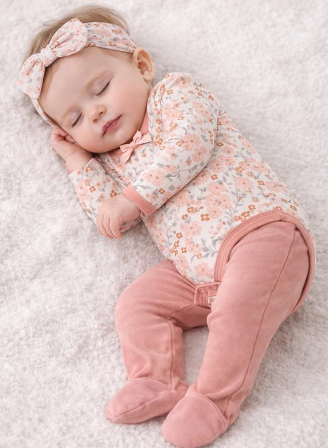 Luna & Lily 3-Piece Floral Bodysuit, Pants And Headband - Image 3