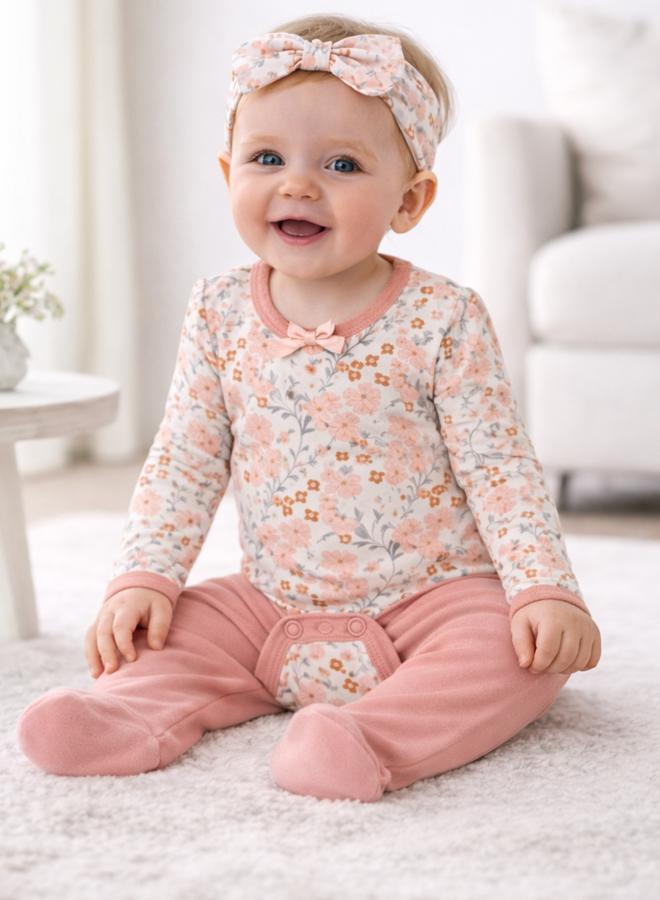 Luna & Lily 3-Piece Floral Bodysuit, Pants And Headband - Image 2
