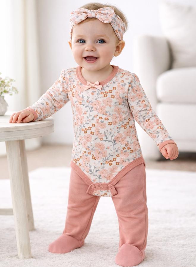 Luna & Lily 3-Piece Floral Bodysuit, Pants And Headband - Image 1