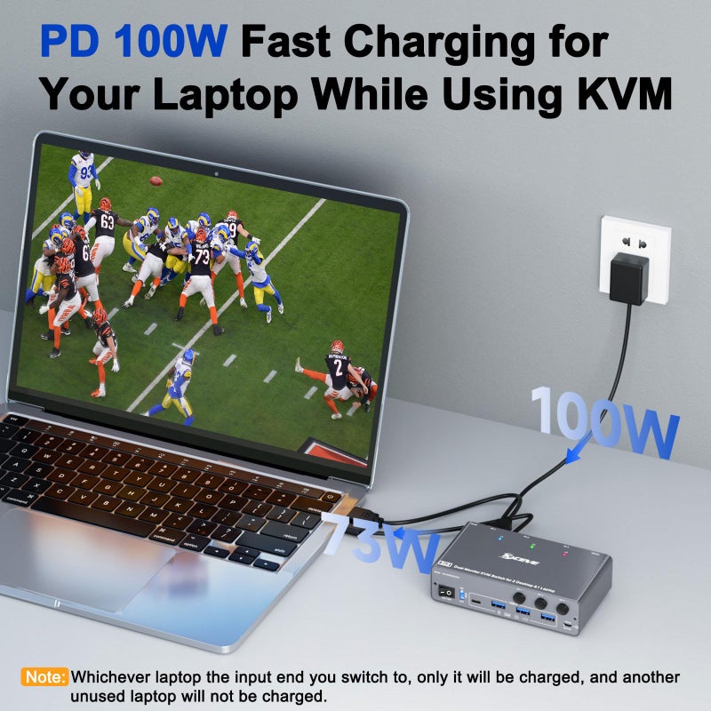 KCEVE KVM Switch 2 Monitors 3 Computers USB C HDMI DP, EDID, USB 3.0 KVM Switch Dual Monitor HDMI for 1 Laptops 2 Desktop Share 4 USB3.0 Device, 73W PD, 4K@60Hz, Aluminum, Power Adapter, Wired Remote - Image 5