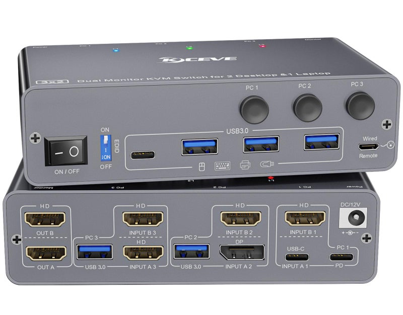 KCEVE KVM Switch 2 Monitors 3 Computers USB C HDMI DP, EDID, USB 3.0 KVM Switch Dual Monitor HDMI for 1 Laptops 2 Desktop Share 4 USB3.0 Device, 73W PD, 4K@60Hz, Aluminum, Power Adapter, Wired Remote - Image 1