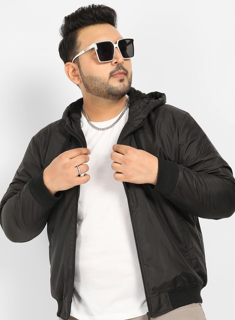 Instafab Plus Instafab Plus Men's Black Zip-Front Puffer Jacket With Ribbed Hem  - Image 1