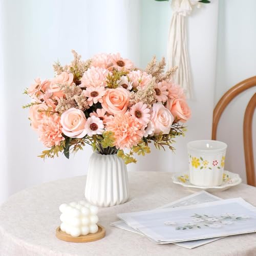 Prplet Artificial Flower Bouquet for Home Decoration – 2 Pcs Faux Rose & Daisy Bouquet (Without Pot) Artificial Flowers for Living Room, Bedroom, Office, Vase Decoration (Peach) - Image 4