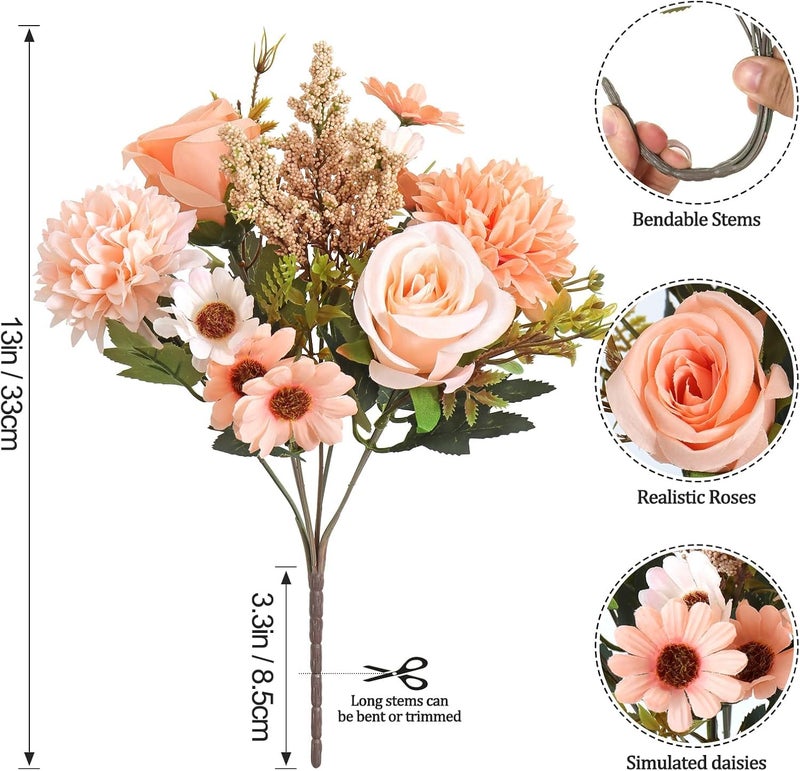 Prplet Artificial Flower Bouquet for Home Decoration – 2 Pcs Faux Rose & Daisy Bouquet (Without Pot) Artificial Flowers for Living Room, Bedroom, Office, Vase Decoration (Peach) - Image 3