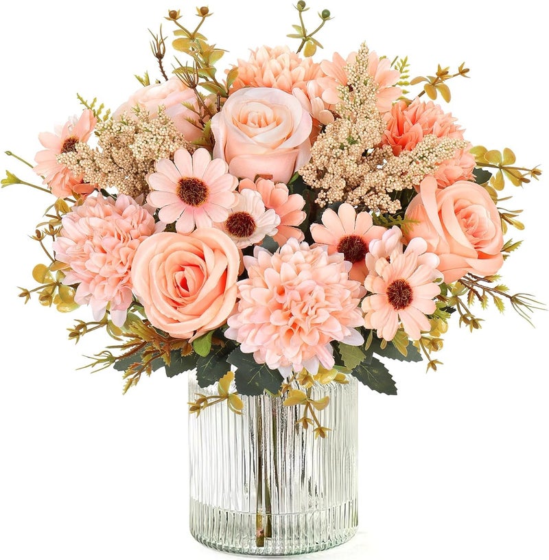 Prplet Artificial Flower Bouquet for Home Decoration – 2 Pcs Faux Rose & Daisy Bouquet (Without Pot) Artificial Flowers for Living Room, Bedroom, Office, Vase Decoration (Peach) - Image 1