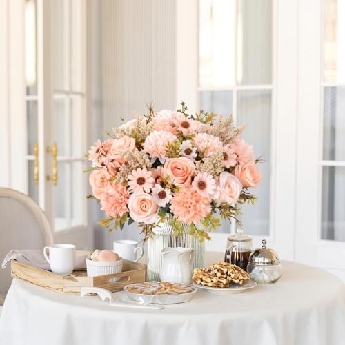 Prplet Artificial Flower Bouquet for Home Decoration – 2 Pcs Faux Rose & Daisy Bouquet (Without Pot) Artificial Flowers for Living Room, Bedroom, Office, Vase Decoration (Peach) - Image 5