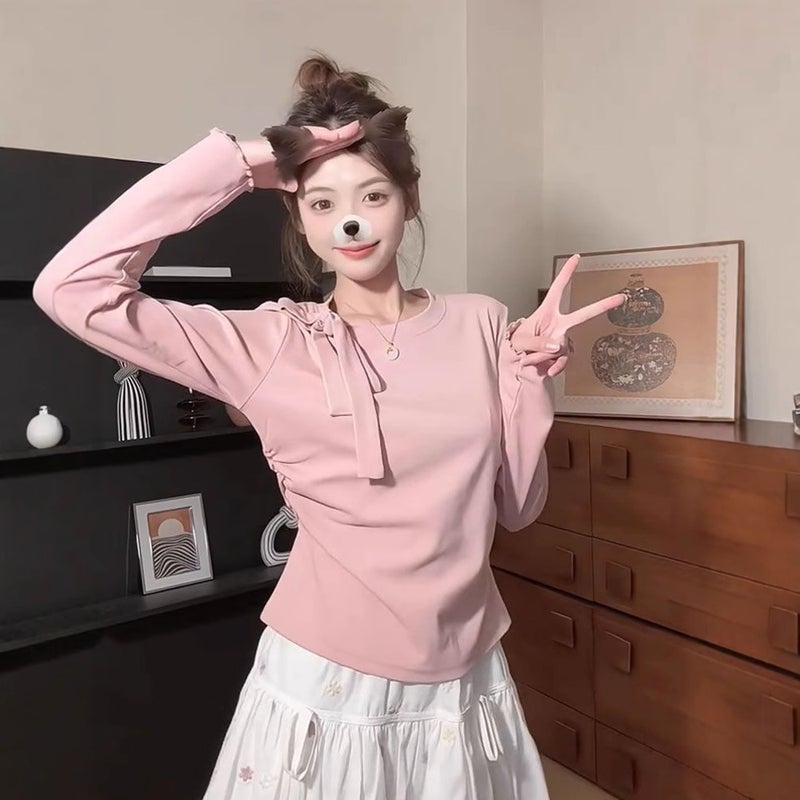 Strap Bow Ribbon Pink Long-Sleeved Distinctive T-Shirt Design Sweet Beauty Style Slim-Fit Egg-Ear Cuff Top - Image 2