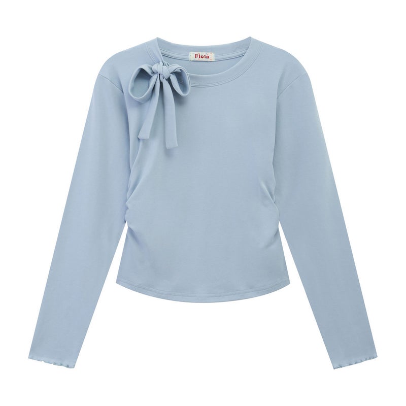 Strap Bow Ribbon Pink Long-Sleeved Distinctive T-Shirt Design Sweet Beauty Style Slim-Fit Egg-Ear Cuff Top - Image 1