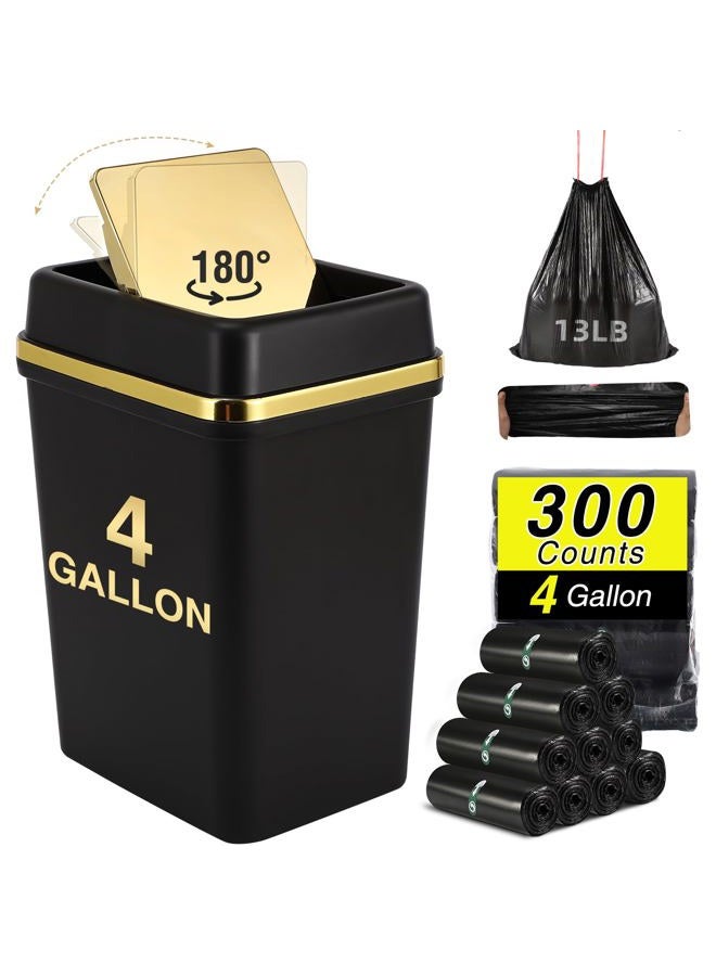 WSBArt Bathroom Trash Can with Lid 4 Gallon Trash Can with Swing Lid Small Garbage Can Black Bathroom Garbage Can with 300 Counts Trash Bags for Kitchen Bedroom Office - Image 1