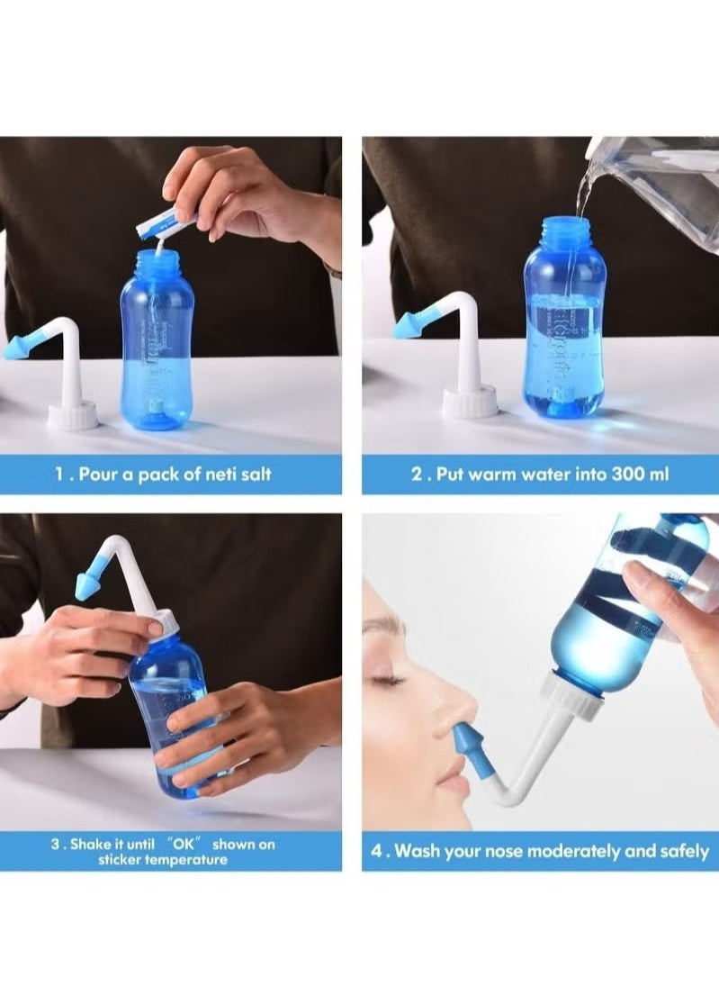 waterpulse - Neti Pot Sinus Rinse Bottle 300ml Nasal Rinse Kit Nose Wash Cleaner Nasal Irrigation for Adult & Kid (with 2 Nozzles &30 Nasal Since Salt Packets) - Image 1