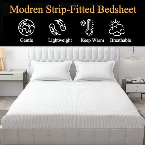 FRESH FROM LOOM 240 TC Satin Striped Soft Bed Covers for Mattresses Tuck in King Size Bed with Two Pillow Cover|Elastic Bedsheet (Size - 78 x 72 Inches, Fits up to 10 Inch, White) - Image 5