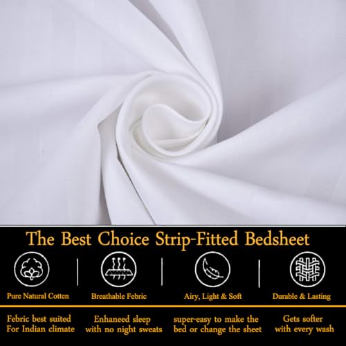 FRESH FROM LOOM 240 TC Satin Striped Soft Bed Covers for Mattresses Tuck in King Size Bed with Two Pillow Cover|Elastic Bedsheet (Size - 78 x 72 Inches, Fits up to 10 Inch, White) - Image 3