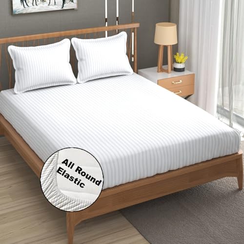 FRESH FROM LOOM 240 TC Satin Striped Soft Bed Covers for Mattresses Tuck in King Size Bed with Two Pillow Cover|Elastic Bedsheet (Size - 78 x 72 Inches, Fits up to 10 Inch, White) - Image 1