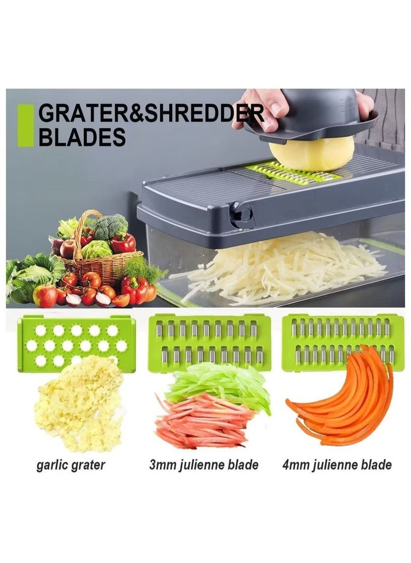 Vegetable Chopper Mandoline Slicer Cutter Chopper 12 in 1 Veggie Chopper Interchangeable Blades with Colander Basket and Container