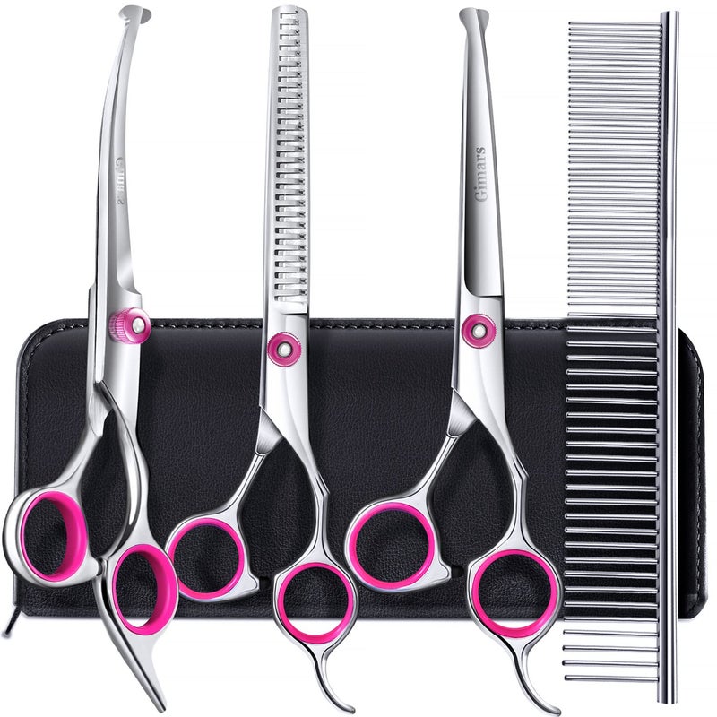 Gimars Dog Grooming Scissors Kit Professional 4CR with Safety Round Tip, 5 in 1 Heavy Duty Titanium Coated Thinning & Curved & Straight Shears - Image 1