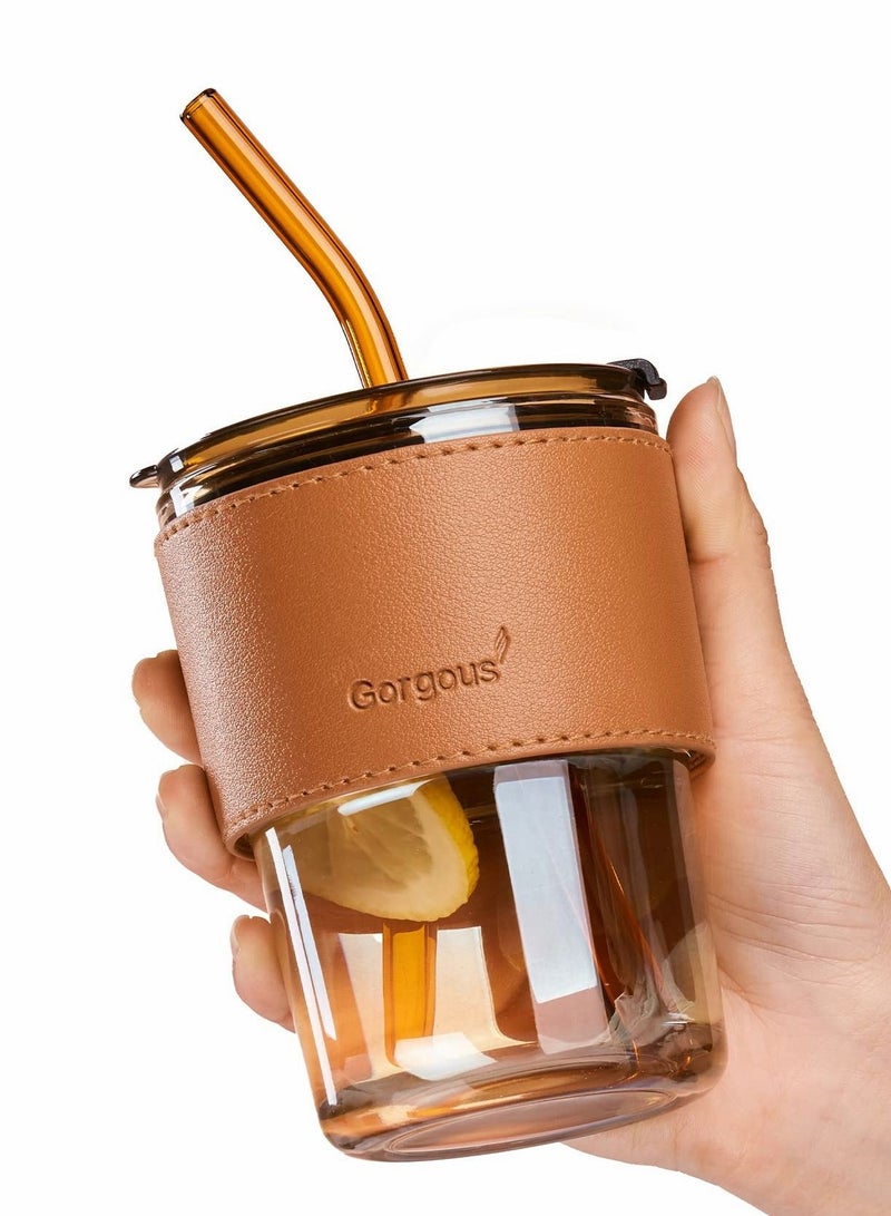 Y&D Glass Tumbler with Straw and Lid, 15oz Cup Leather Protective Sleeve, Reusable for Direct Drinking Mouth Dual Use  - Image 1