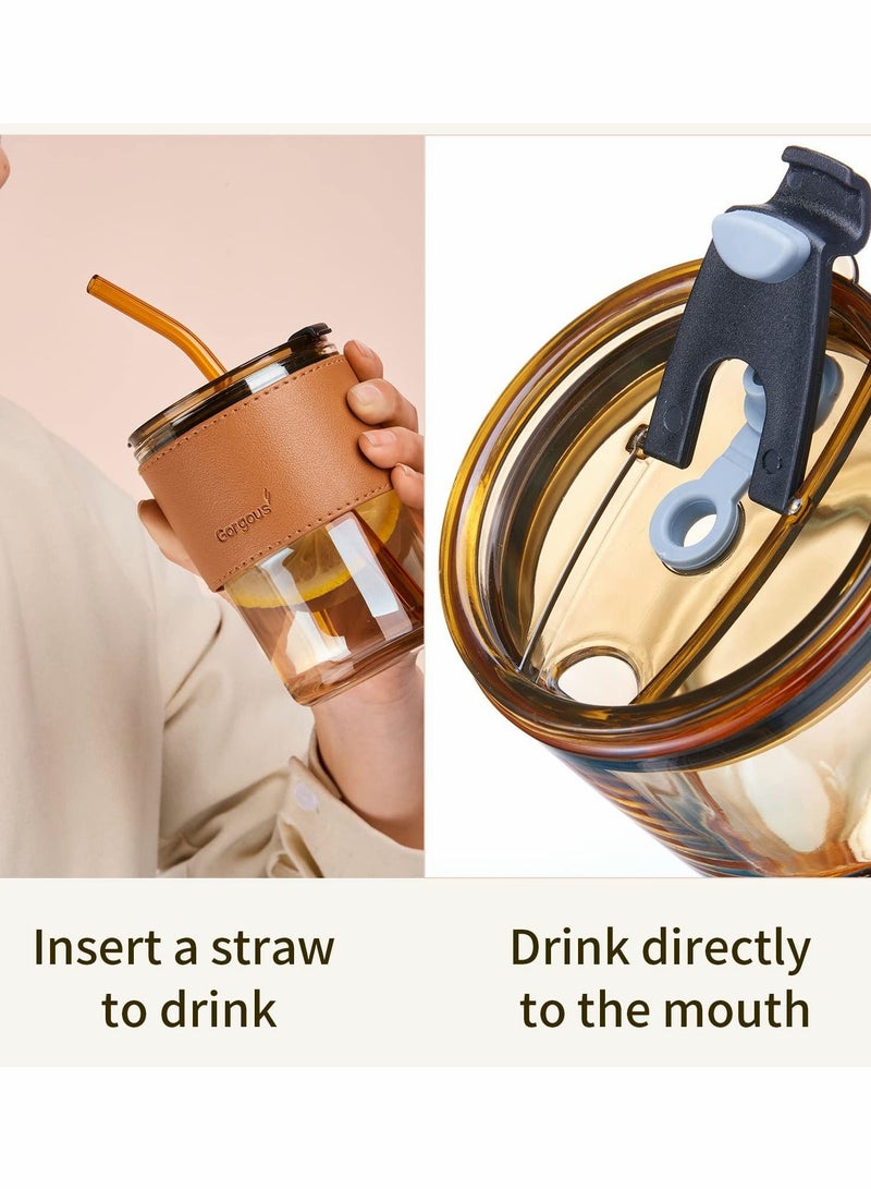 Y&D Glass Tumbler with Straw and Lid, 15oz Cup Leather Protective Sleeve, Reusable for Direct Drinking Mouth Dual Use  - Image 2