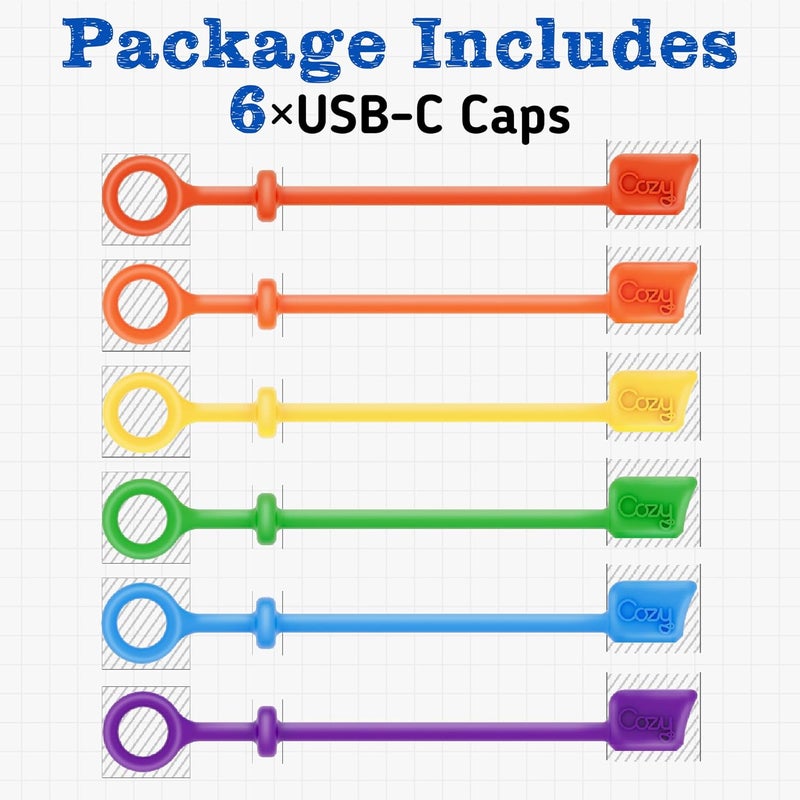 Cozy [6-Pack] USB Caps for USB-C Cable & Apple Charging Cables with Dust Protection, Tether, Protects During Travel, Portable, Designed by (USB-C - Multi Color) - Image 3