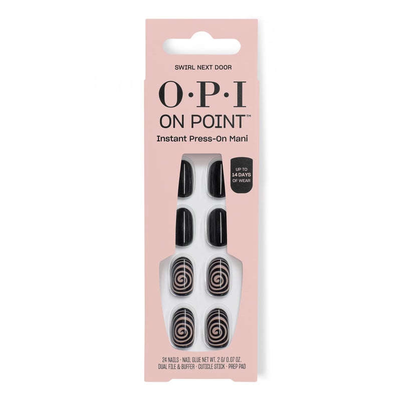 OPI On Point Swirl Next Door | Short Round Black with Abstract Swirls Nail Art Press On Nails | 24 Count with Nail Glue | Long Lasting, Reusable, Non-damaging | Fall 2025 Shades - Image 1