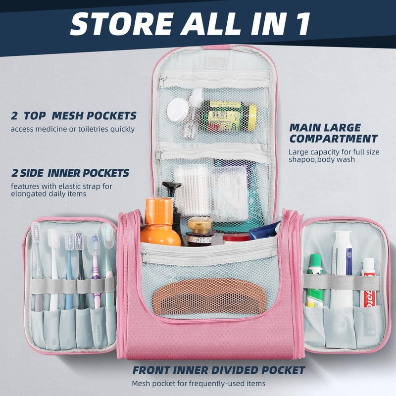 Buruis Large Capacity Toiletry Bag For Women  Hanging Toiletry Organizer Cosmetics Makeup Bag  Water-Resistant Hygiene Travel Bag For Full Sized Toiletries  Travel Essentials  Accessories (Pink) - Image 2
