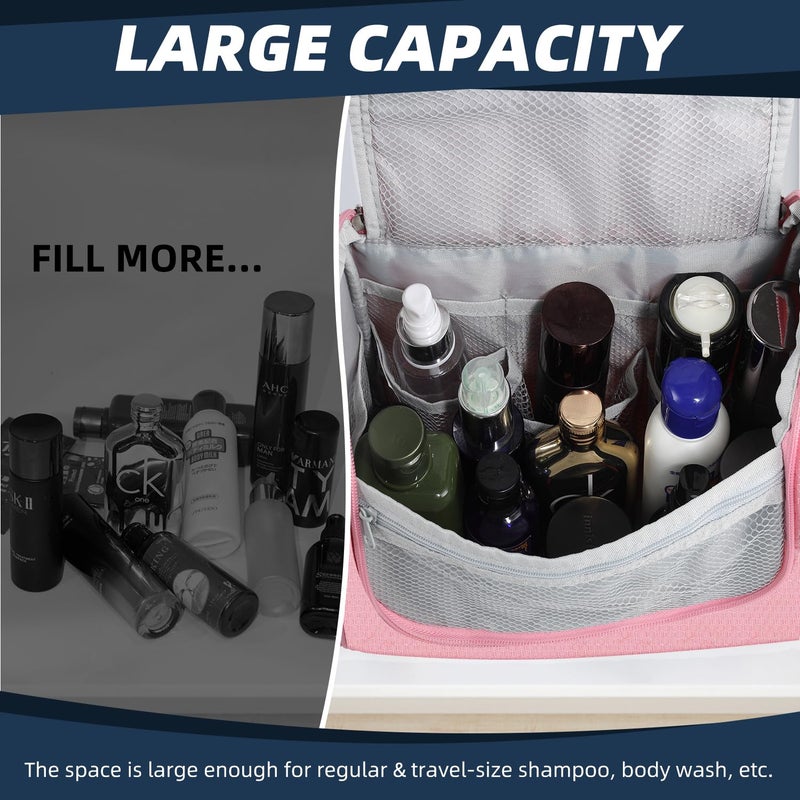 Buruis Large Capacity Toiletry Bag For Women  Hanging Toiletry Organizer Cosmetics Makeup Bag  Water-Resistant Hygiene Travel Bag For Full Sized Toiletries  Travel Essentials  Accessories (Pink) - Image 3