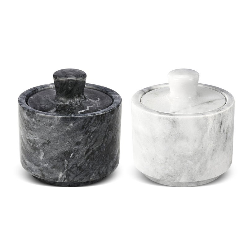 Flexzion Marble Salt Cellar with Lid Salt and Pepper Bowls Dish Container for Kitchen Marble Pepper Jar Storage Box Holder for Paprika Herbs Sugar Jewelry Watches Set of 2 Black White