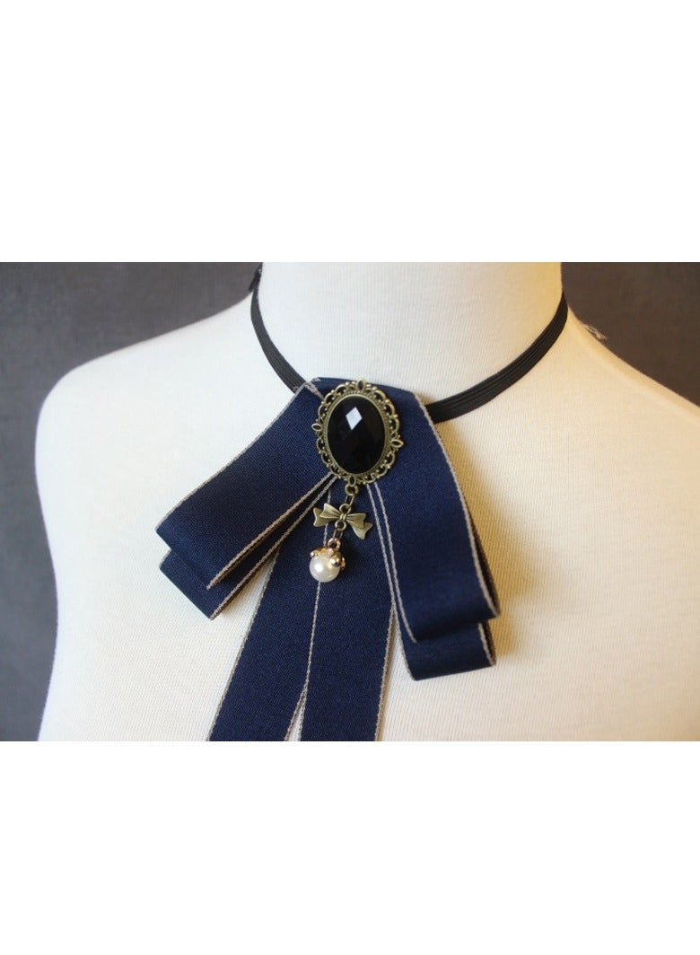 ربطة عنق للنساء ، ربطة عنق شريطية مربوطة مسبقا قابلة للتعديل مع حجر الراين لبلوزة بياقة قميص فستان (أزرق داكن) - Image 3