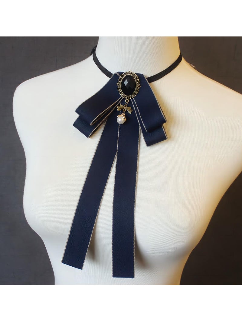 ربطة عنق للنساء ، ربطة عنق شريطية مربوطة مسبقا قابلة للتعديل مع حجر الراين لبلوزة بياقة قميص فستان (أزرق داكن) - Image 2
