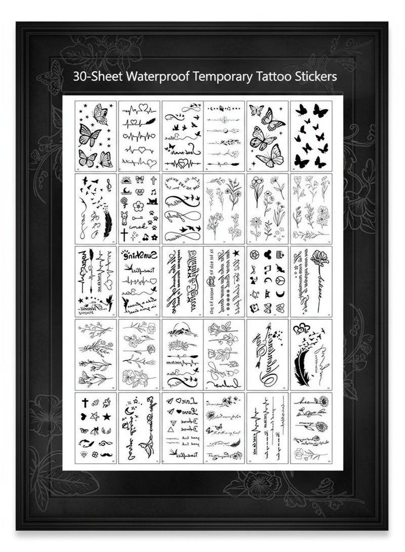 Ucanbe 30-Sheet Waterproof Temporary Tattoo Stickers, Butterfly, Love, Heartbeat, Anchor, Text Line & Flower Designs for Kids and Adults – Black - Image 1