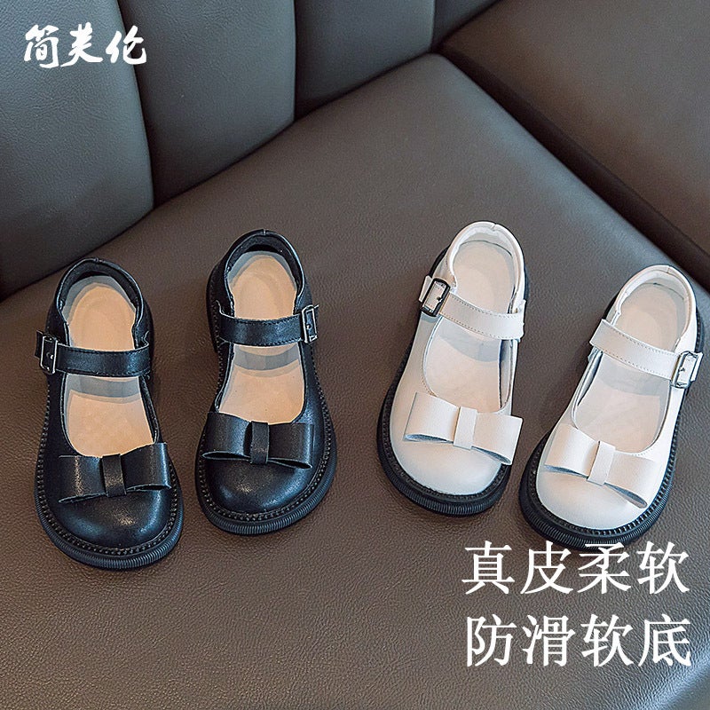 Genuine Leather Shallow Bow Princess Shoes Flats Kidsren Girls Soft Sole Black Girls Leather Shoes - Image 4