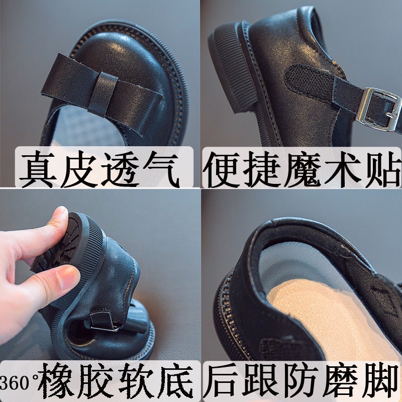 Genuine Leather Shallow Bow Princess Shoes Flats Kidsren Girls Soft Sole Black Girls Leather Shoes - Image 5