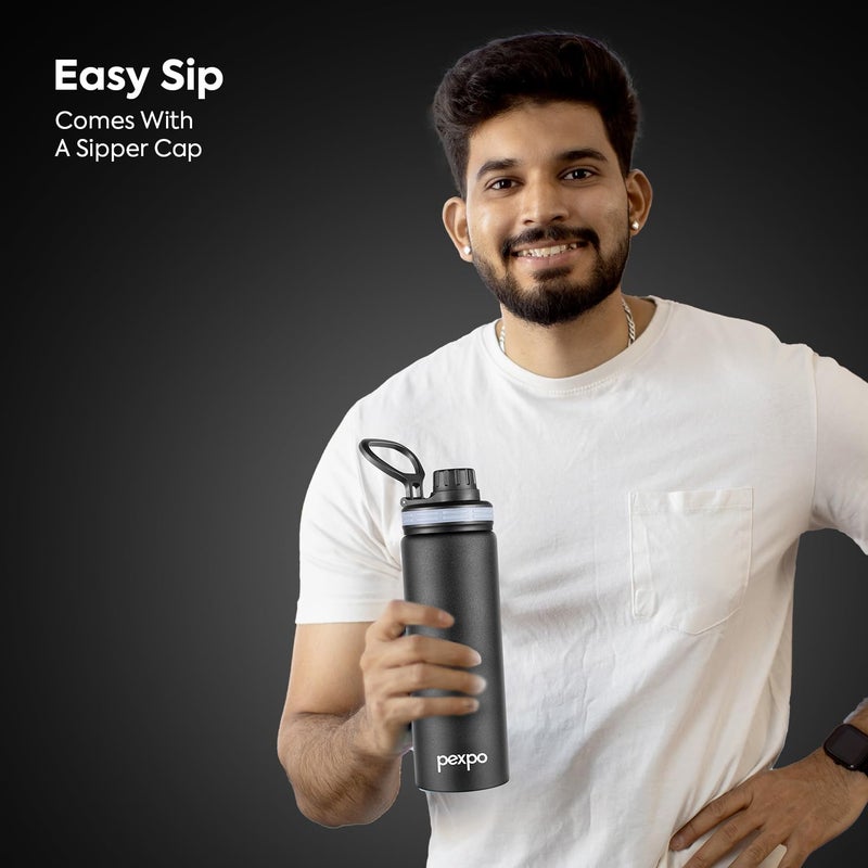 PEXPO زجاجة ماء سعة 800 مل من أكوا سيب مصنوعة من الفولاذ المقاوم للصدأ ومعتمدة من ISI - زجاجة ثلاجة ذات جدار واحد - مقبض سهل الحمل - للاستخدام في المنزل، المكتب، الصالة الرياضية، المدرسة، والتخييم - أسود كينجht - Image 5
