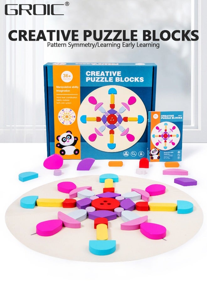 GROIC 62 Pcs Wooden Pattern Blocks Set Geometric Shape Puzzle Kindergarten Classic Educational Montessori Tangram Toys for Kids Ages 4-8 with Design Cards - Image 2