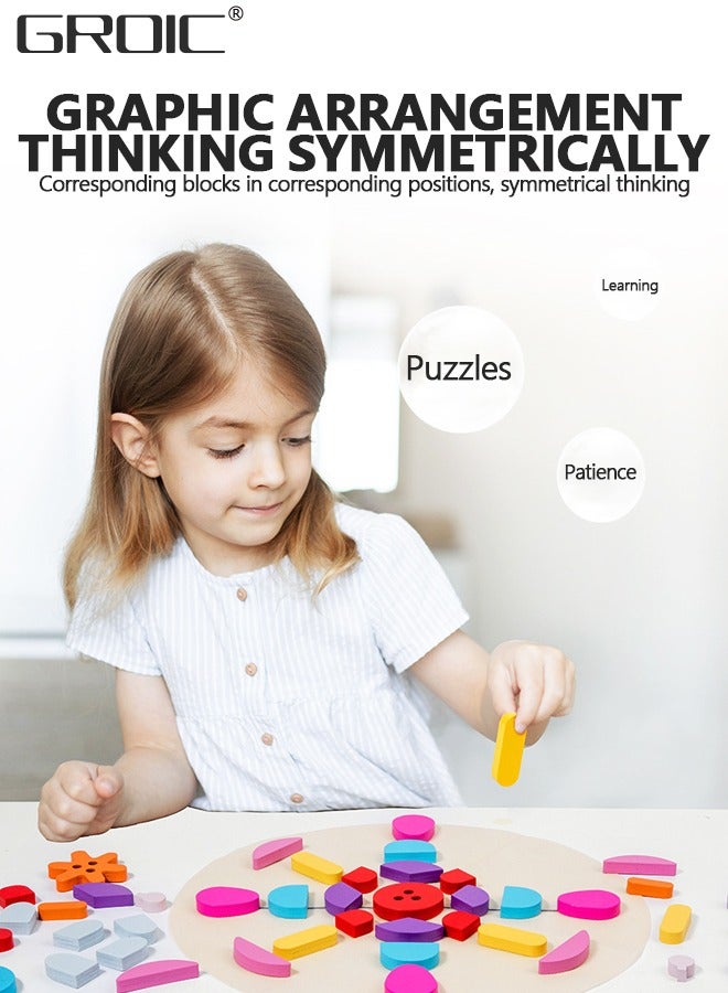 GROIC 62 Pcs Wooden Pattern Blocks Set Geometric Shape Puzzle Kindergarten Classic Educational Montessori Tangram Toys for Kids Ages 4-8 with Design Cards - Image 5