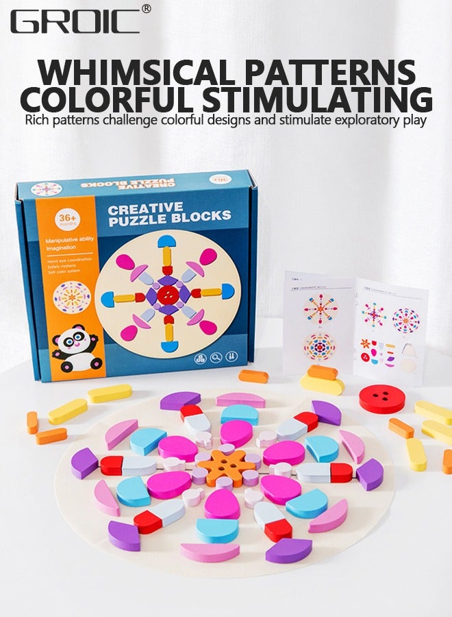 GROIC 62 Pcs Wooden Pattern Blocks Set Geometric Shape Puzzle Kindergarten Classic Educational Montessori Tangram Toys for Kids Ages 4-8 with Design Cards - Image 4