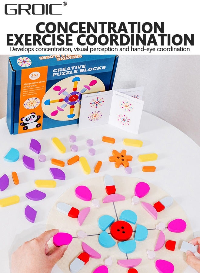 GROIC 62 Pcs Wooden Pattern Blocks Set Geometric Shape Puzzle Kindergarten Classic Educational Montessori Tangram Toys for Kids Ages 4-8 with Design Cards - Image 3