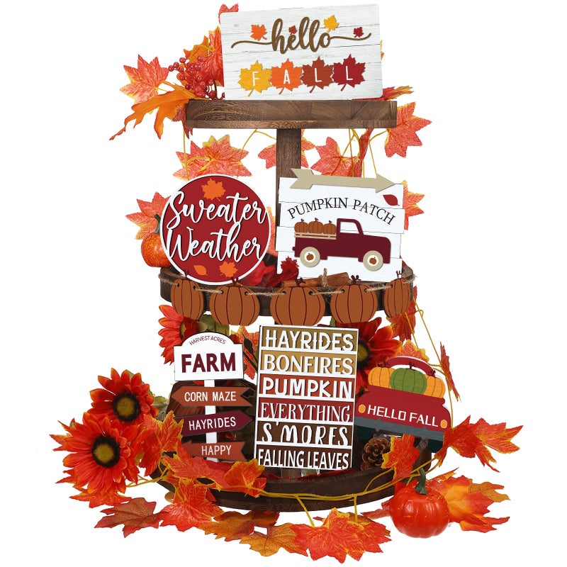 Jetec 12 Pcs Fall Thanksgiving Tiered Tray Decor Set Pumpkin Farmhouse Gnome Truck Wood Sign Table Centerpieces Harvest Rustic Decor Autumn Trays Signs for Home Kitchen Decorations Pumpkin