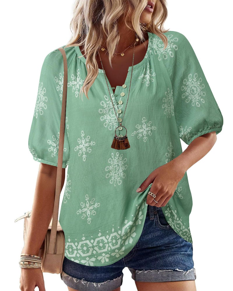 Unixseque Casual Tops for Women: Womens Short Sleeve Summer V Neck Floral - Boho Tops for Women - Flowy Business Casual Spring Outfits Vacation Clothes Green - Image 2