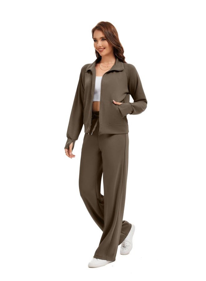 SIXSTAR Women Two Piece Outfits Sweatsuit Zip Up Sweatshirt Wide Leg Sweatpant Matching Travel Tracksuit Lounge Sets, Brown, M - Image 5