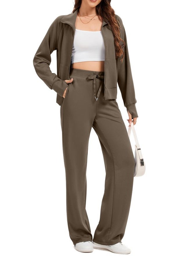 SIXSTAR Women Two Piece Outfits Sweatsuit Zip Up Sweatshirt Wide Leg Sweatpant Matching Travel Tracksuit Lounge Sets, Brown, M - Image 1