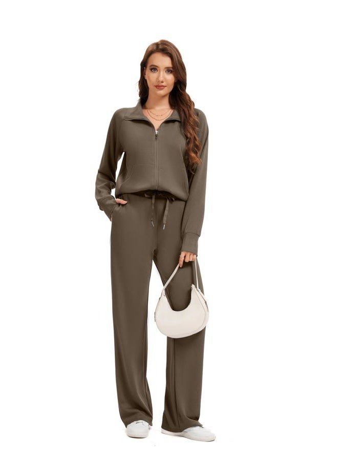 SIXSTAR Women Two Piece Outfits Sweatsuit Zip Up Sweatshirt Wide Leg Sweatpant Matching Travel Tracksuit Lounge Sets, Brown, M - Image 2
