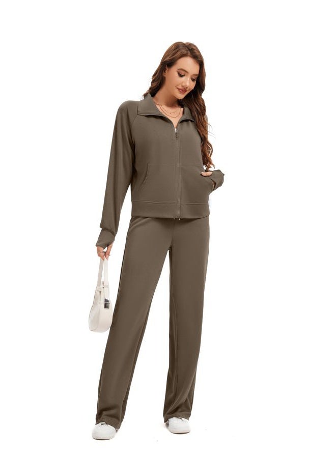 SIXSTAR Women Two Piece Outfits Sweatsuit Zip Up Sweatshirt Wide Leg Sweatpant Matching Travel Tracksuit Lounge Sets, Brown, M - Image 3