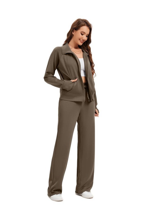 SIXSTAR Women Two Piece Outfits Sweatsuit Zip Up Sweatshirt Wide Leg Sweatpant Matching Travel Tracksuit Lounge Sets, Brown, M - Image 4
