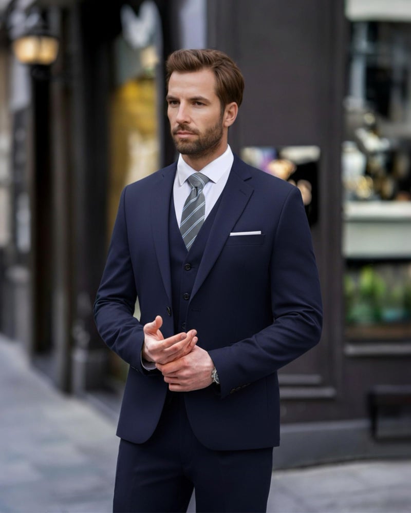 EastSide Men's Slim Fit 3 Pieces Suit, One Button Blazer Set, Jacket Vest & Pants Deep Blue, X-Small - Image 2